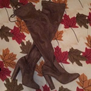 Taupe knee high heeled boots